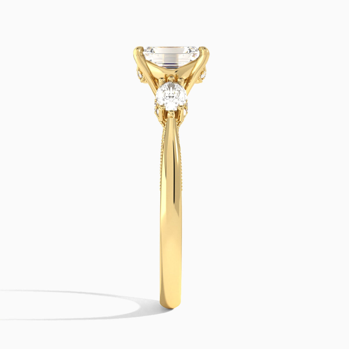 Emerald Three Stone Marquise Lab Diamond Engagement Ring In 18K Yellow Gold, Side View