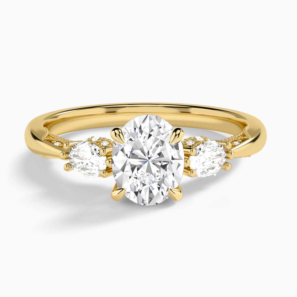Oval Three Stone Marquise Lab Diamond Engagement Ring In 14K Yellow Gold - Lucenjuri