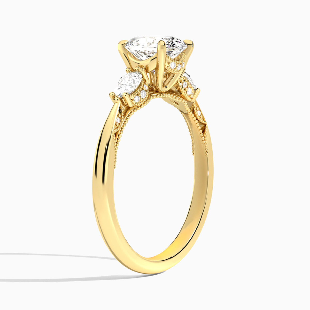 Oval Three Stone Marquise Lab Diamond Engagement Ring In 14K Yellow Gold, Angle View