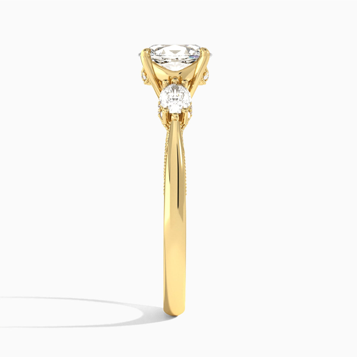 Oval Three Stone Marquise Lab Diamond Engagement Ring In 14K Yellow Gold, Side View