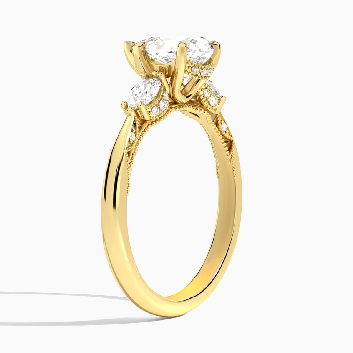Pear Three Stone Marquise Lab Diamond Engagement Ring In 18K Yellow Gold, Angle View