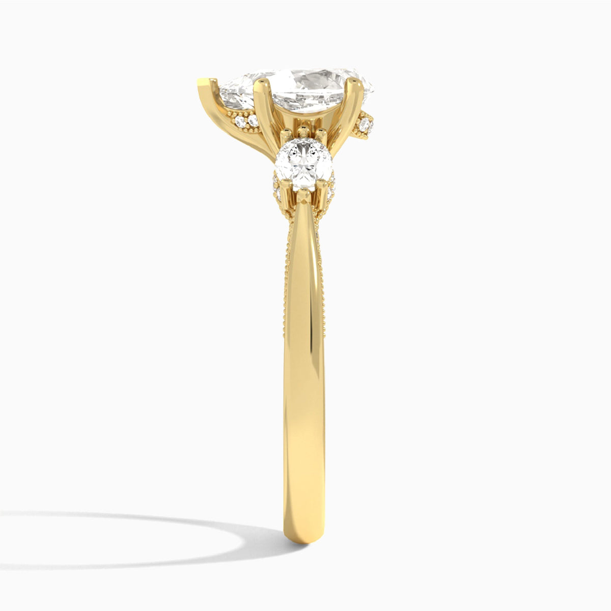 Pear Three Stone Marquise Lab Diamond Engagement Ring In 18K Yellow Gold, Side View