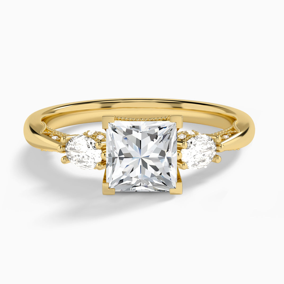 Princess Three Stone Marquise Lab Diamond Engagement Ring In 18K Yellow Gold - Lucenjuri