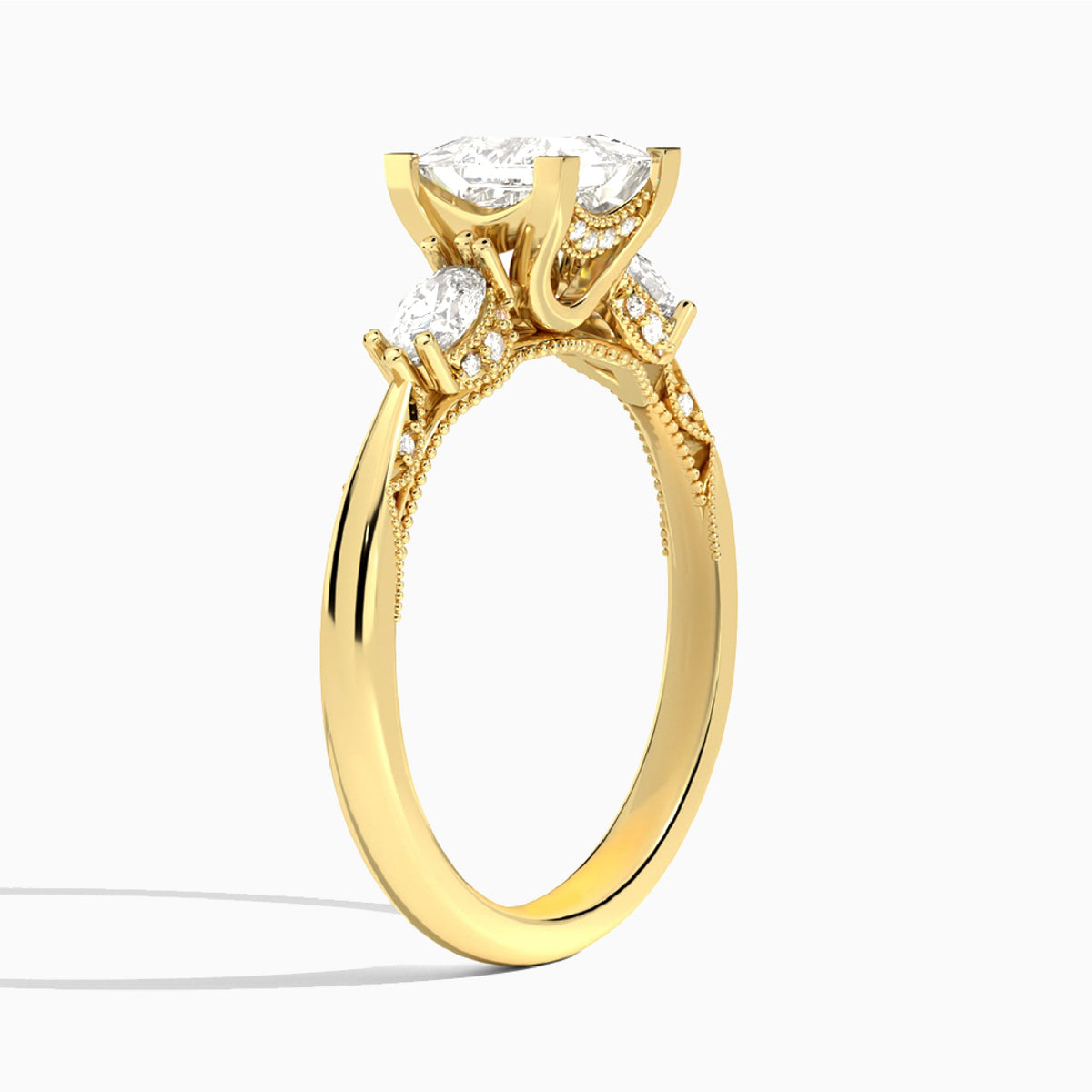 Princess Three Stone Marquise Lab Diamond Engagement Ring In 14K Yellow Gold, Angle View