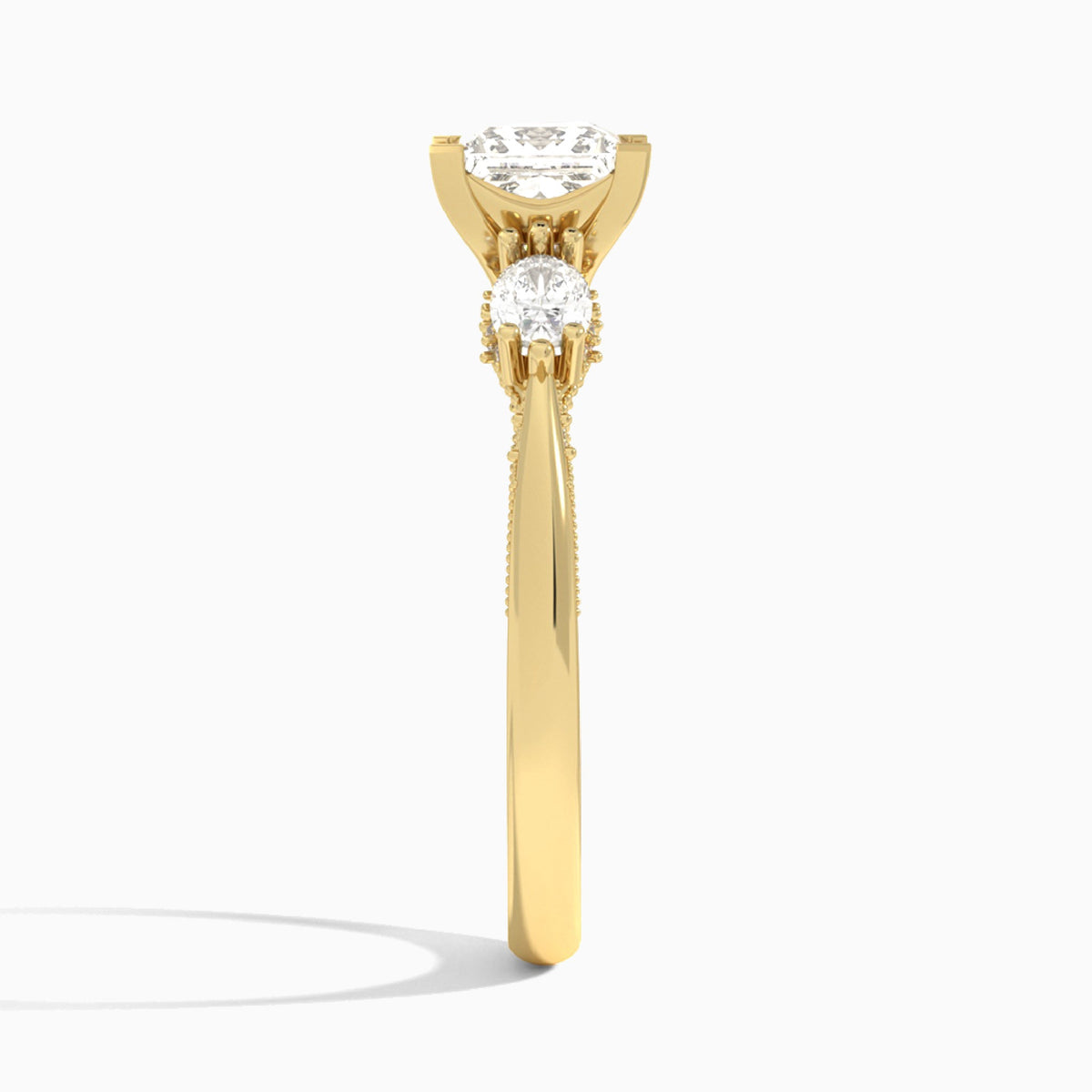 Princess Three Stone Marquise Lab Diamond Engagement Ring In 18K Yellow Gold, Side View