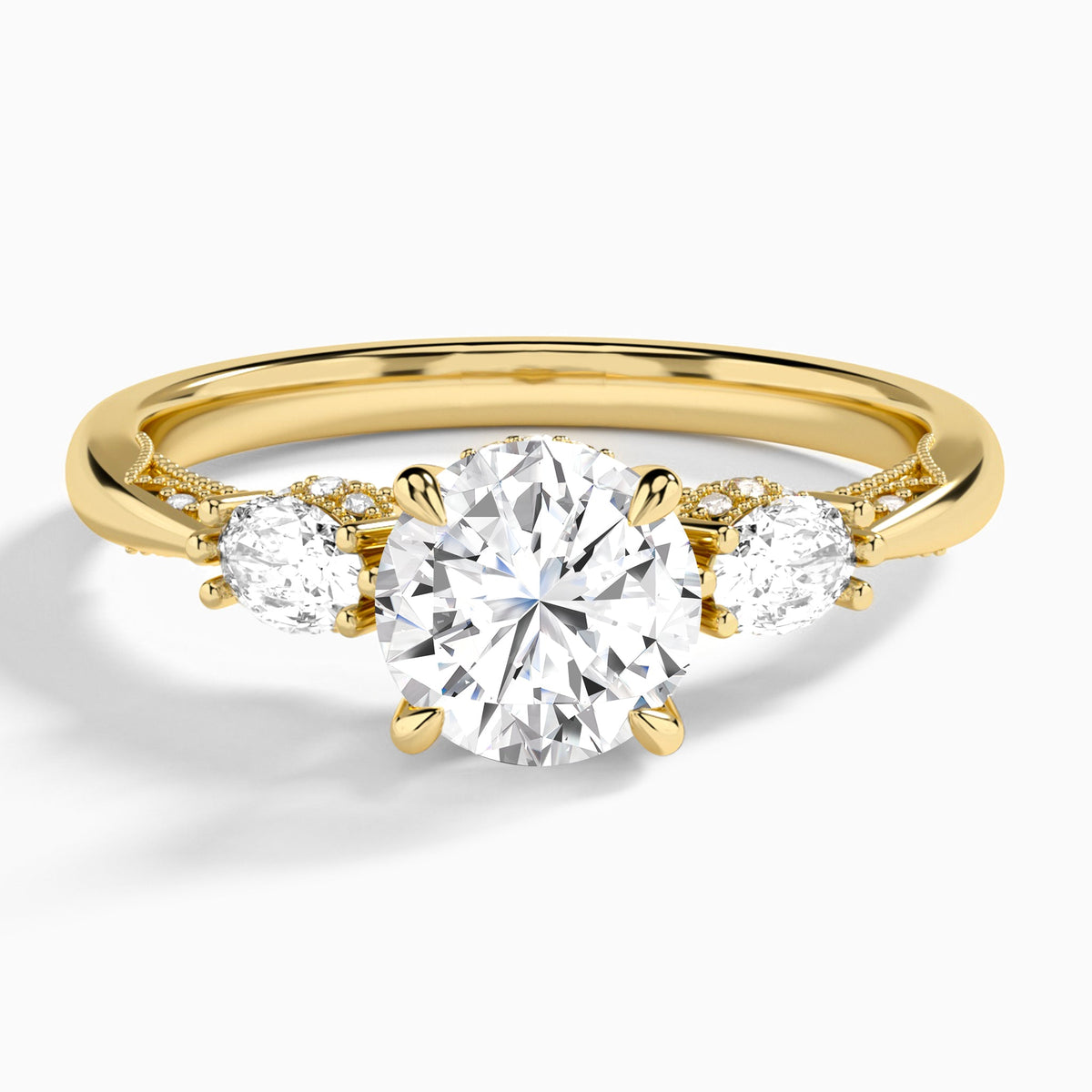 Round Three Stone Marquise Lab Diamond Engagement Ring In 18K Yellow Gold - Lucenjuri