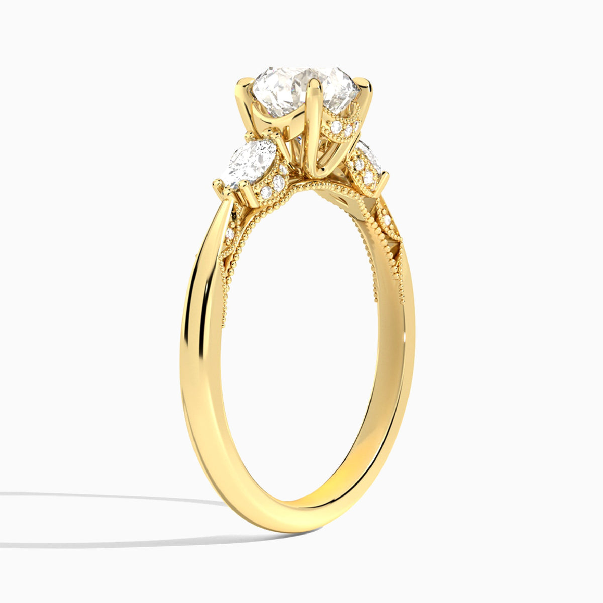 Round Three Stone Marquise Lab Diamond Engagement Ring In 18K Yellow Gold, Angle View