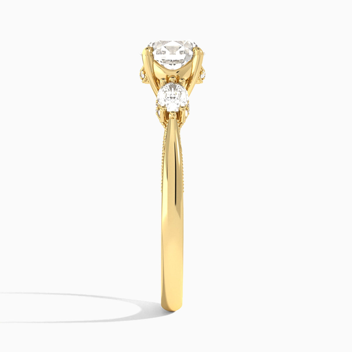 Round Three Stone Marquise Lab Diamond Engagement Ring In 14K Yellow Gold, Side View