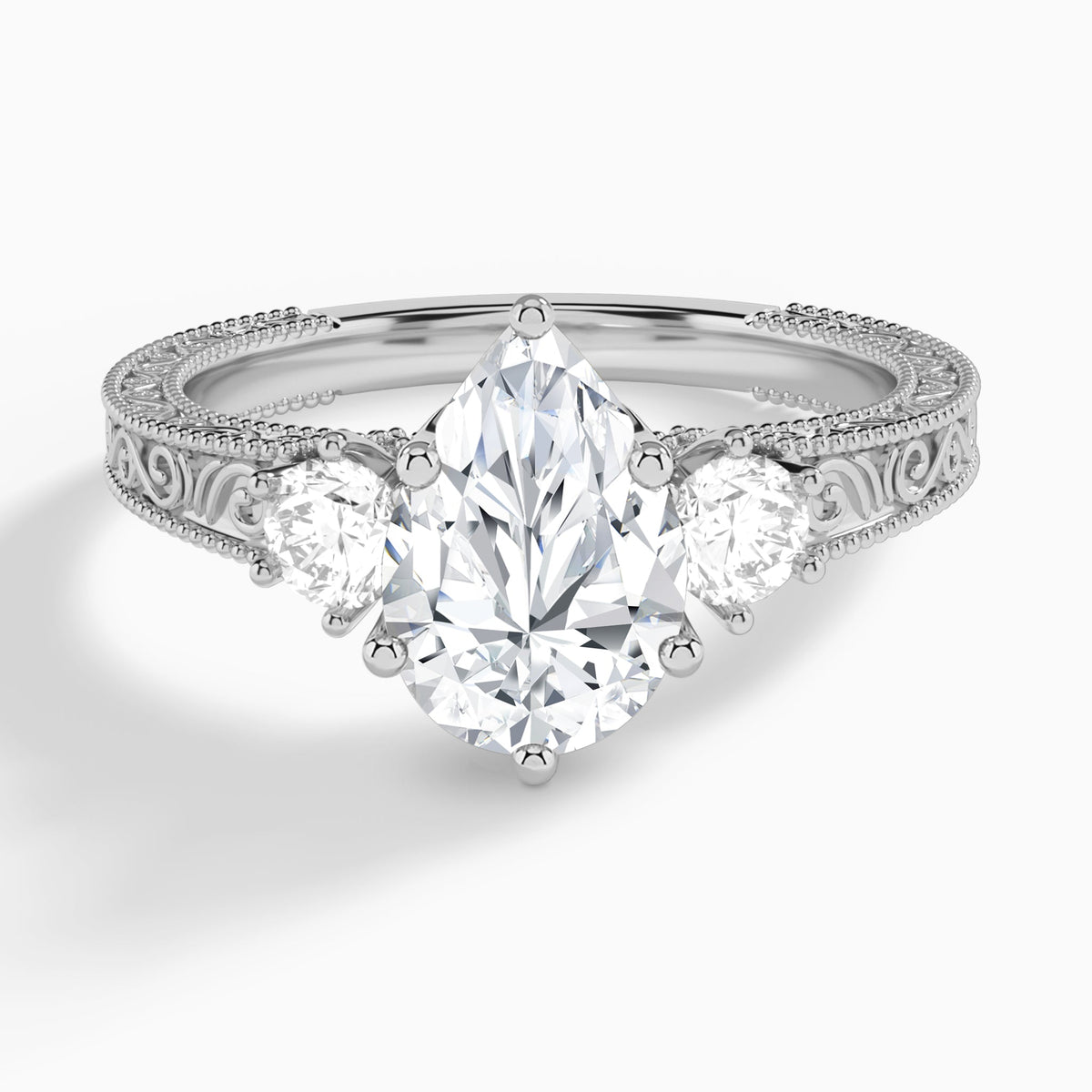 Pear Three Stone Engraved Lab Diamond Engagement Ring In Platinum - Lucenjuri