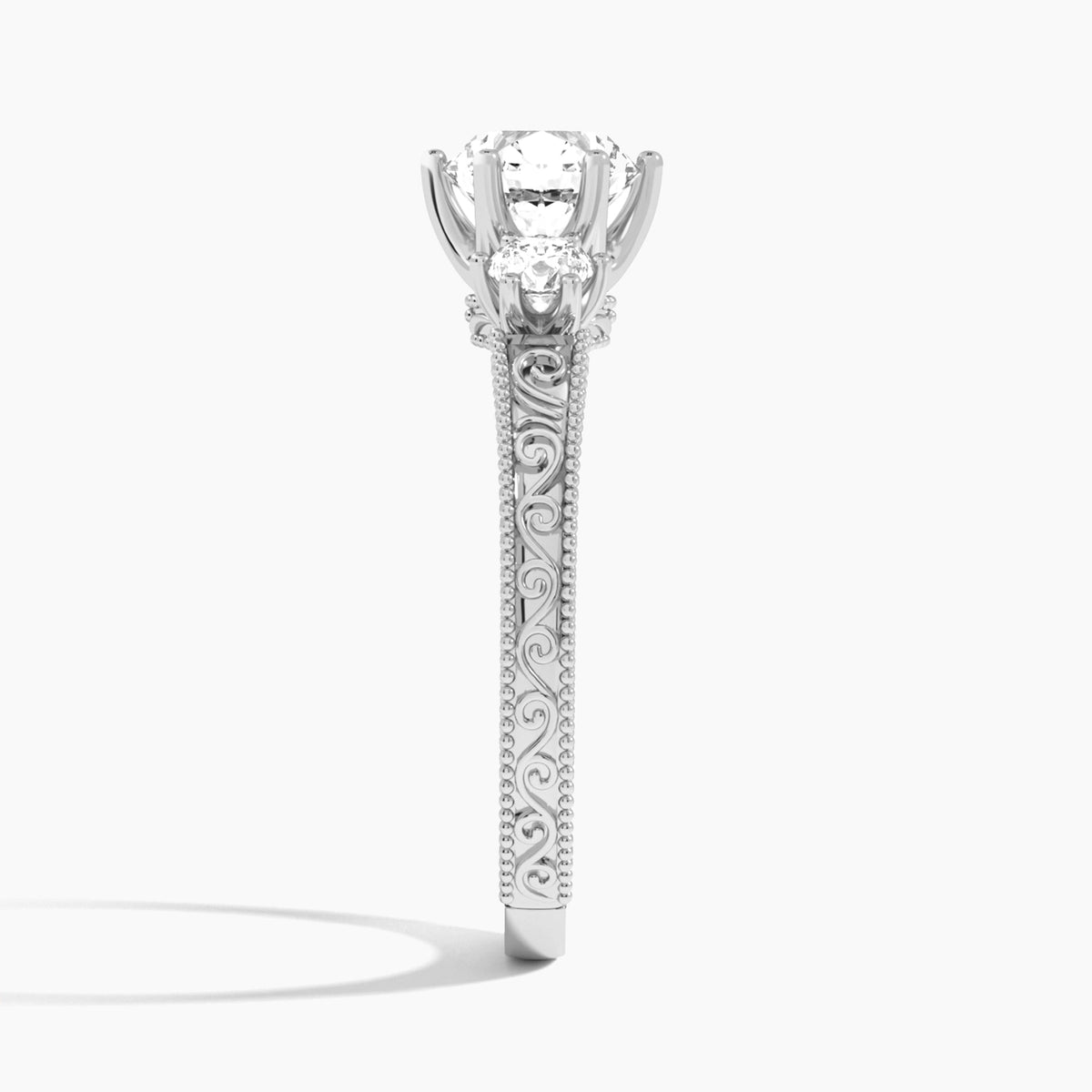 Round Three Stone Engraved Lab Diamond Engagement Ring In Platinum, Side View