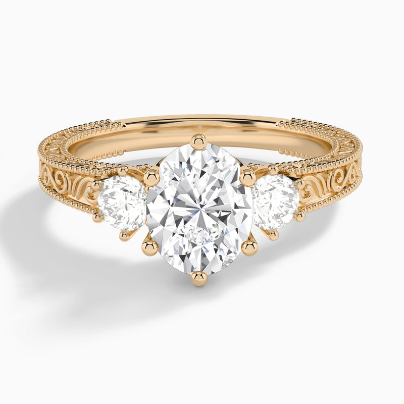 Oval Three Stone Engraved Lab Diamond Engagement Ring In 14K Rose Gold - Lucenjuri