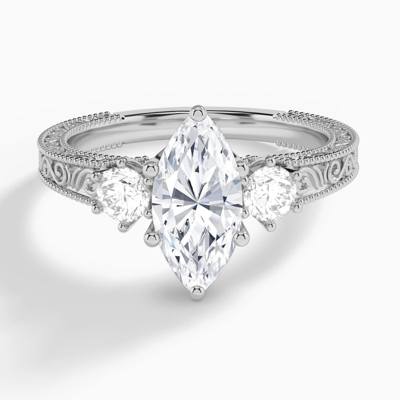 Marquise Three Stone Engraved Lab Diamond Engagement Ring In 14K White Gold - Lucenjuri