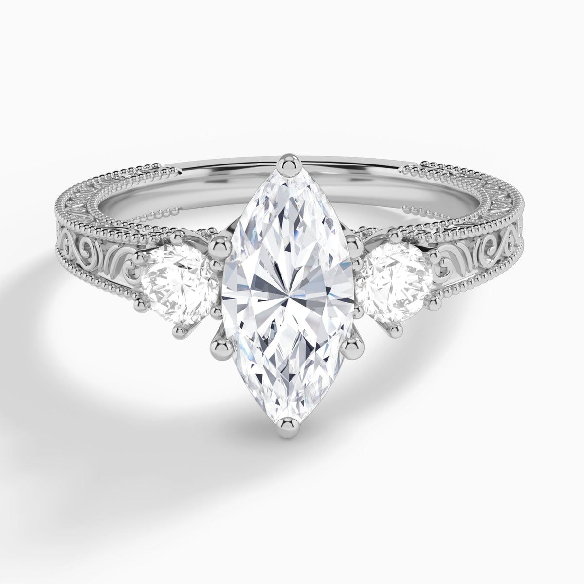 Marquise Three Stone Engraved Lab Diamond Engagement Ring In 14K White Gold - Lucenjuri