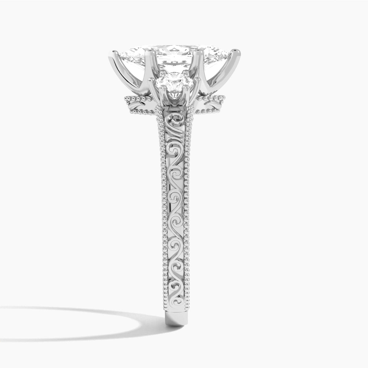Marquise Three Stone Engraved Lab Diamond Engagement Ring In 18K White Gold, Side View
