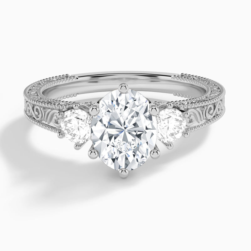 Oval Three Stone Engraved Lab Diamond Engagement Ring In 14K White Gold - Lucenjuri