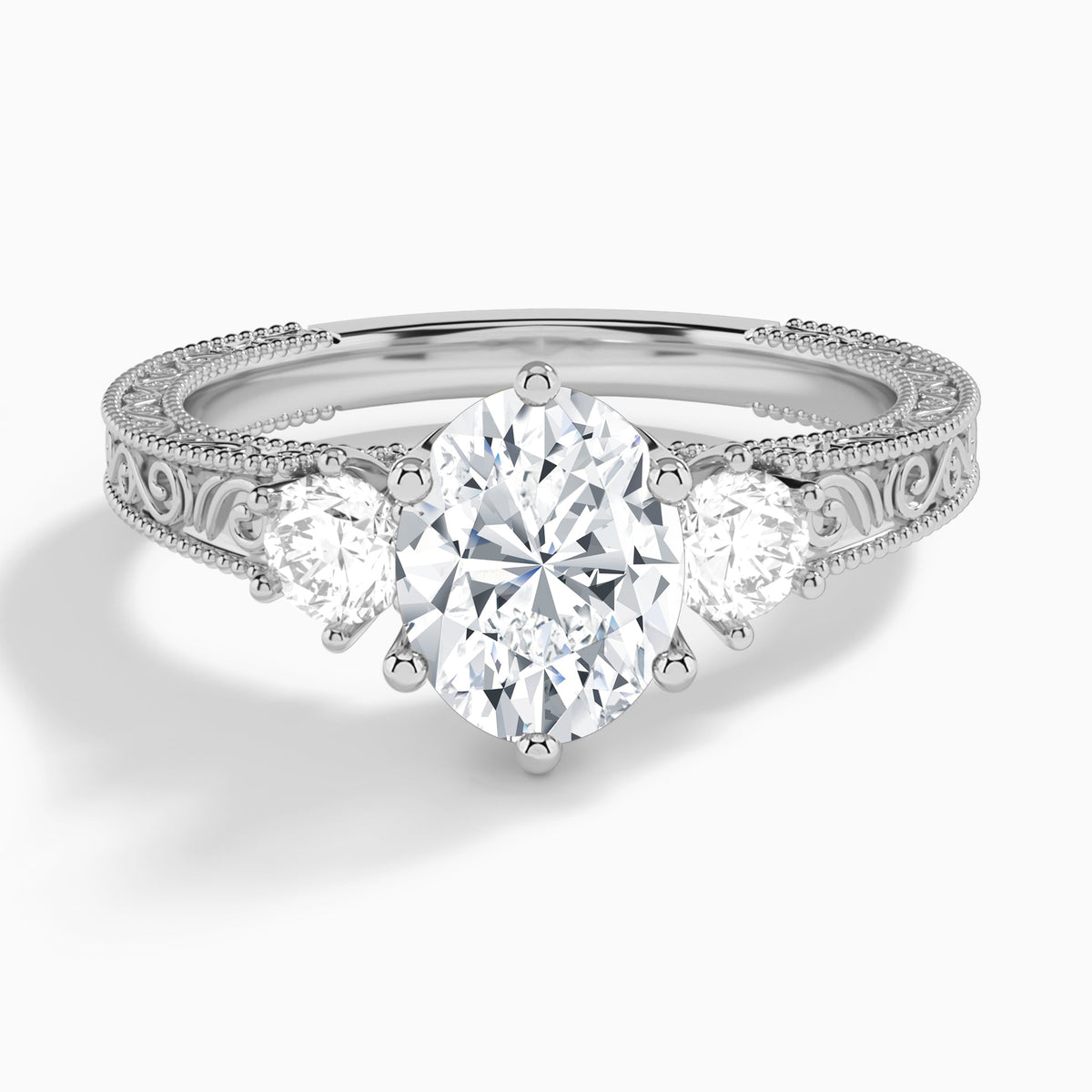 Oval Three Stone Engraved Lab Diamond Engagement Ring In 18K White Gold - Lucenjuri