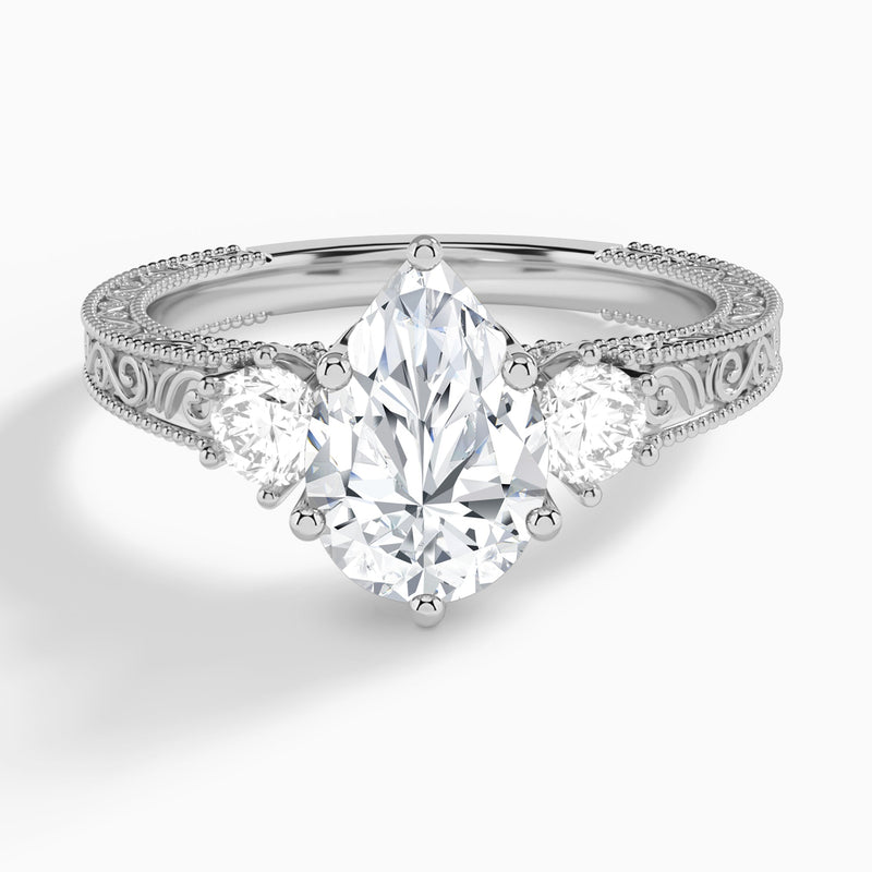 Pear Three Stone Engraved Lab Diamond Engagement Ring In 18K White Gold - Lucenjuri