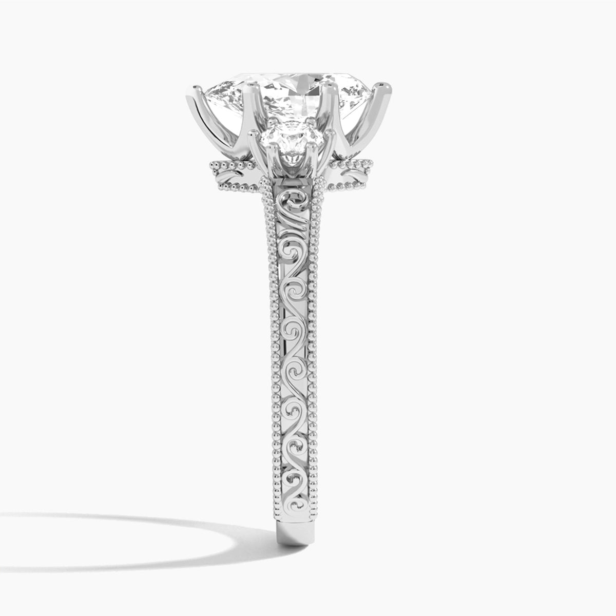 Pear Three Stone Engraved Lab Diamond Engagement Ring In 18K White Gold, Side View