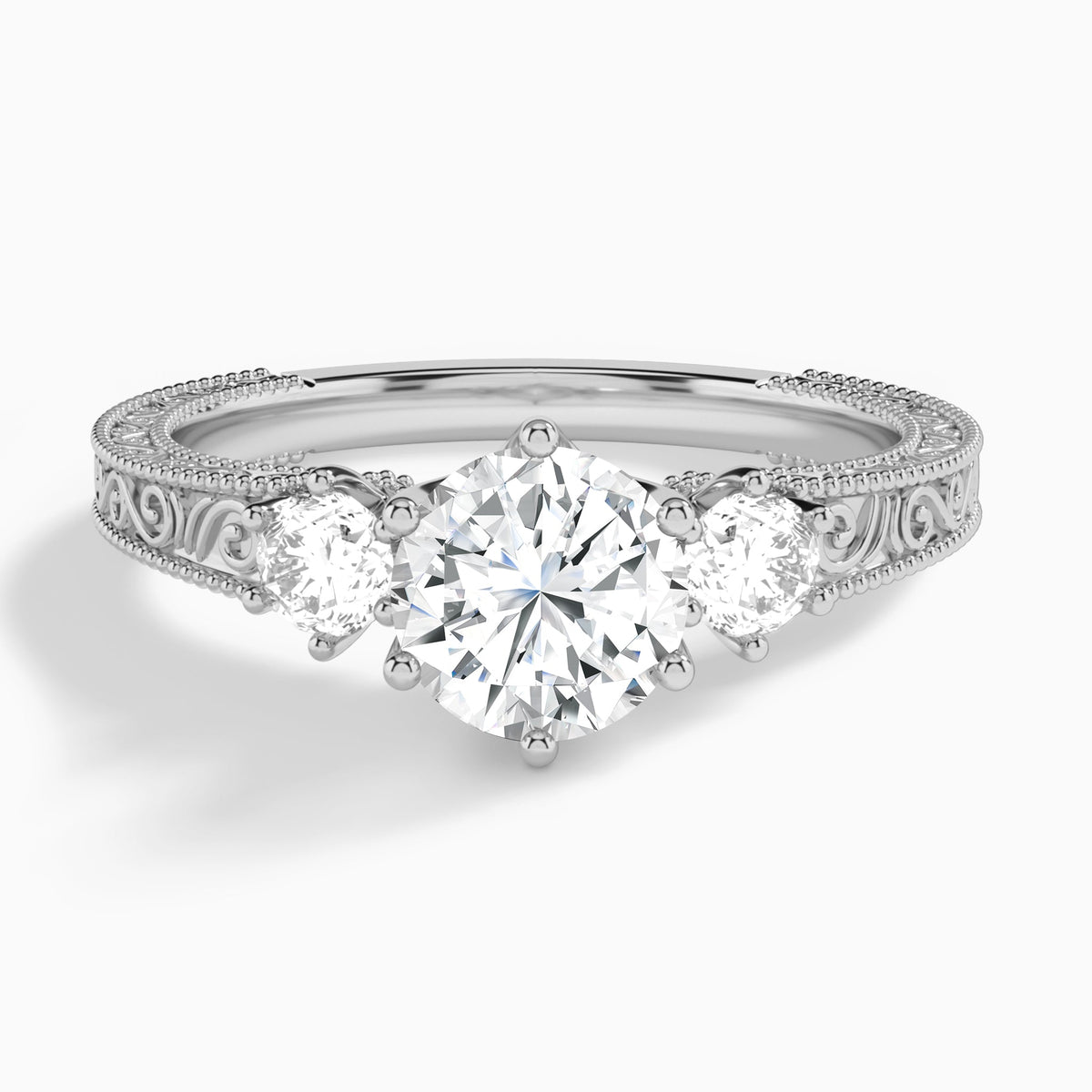 Round Three Stone Engraved Lab Diamond Engagement Ring In 18K White Gold - Lucenjuri