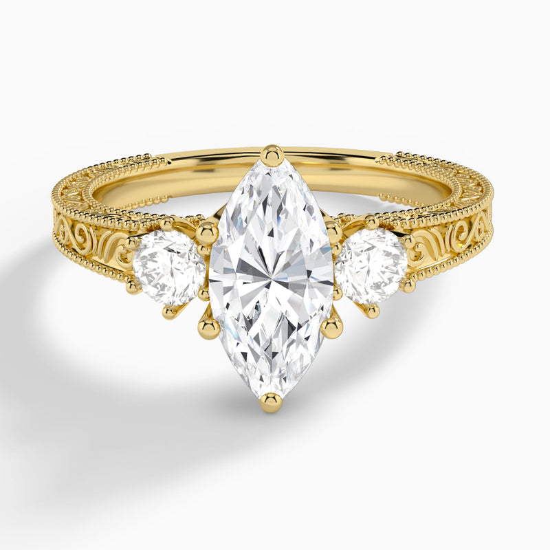 Marquise Three Stone Engraved Lab Diamond Engagement Ring In 14K Yellow Gold - Lucenjuri