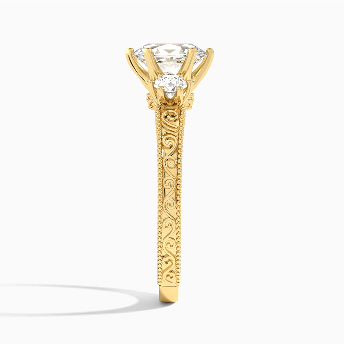 Oval Three Stone Engraved Lab Diamond Engagement Ring In 14K Yellow Gold, Side View