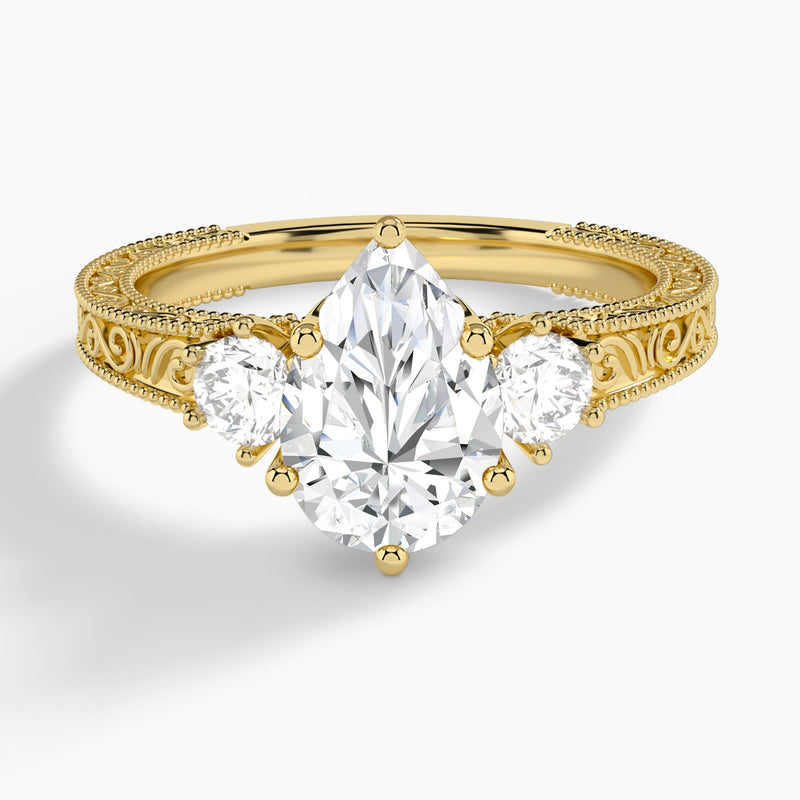 Pear Three Stone Engraved Lab Diamond Engagement Ring In 14K Yellow Gold - Lucenjuri