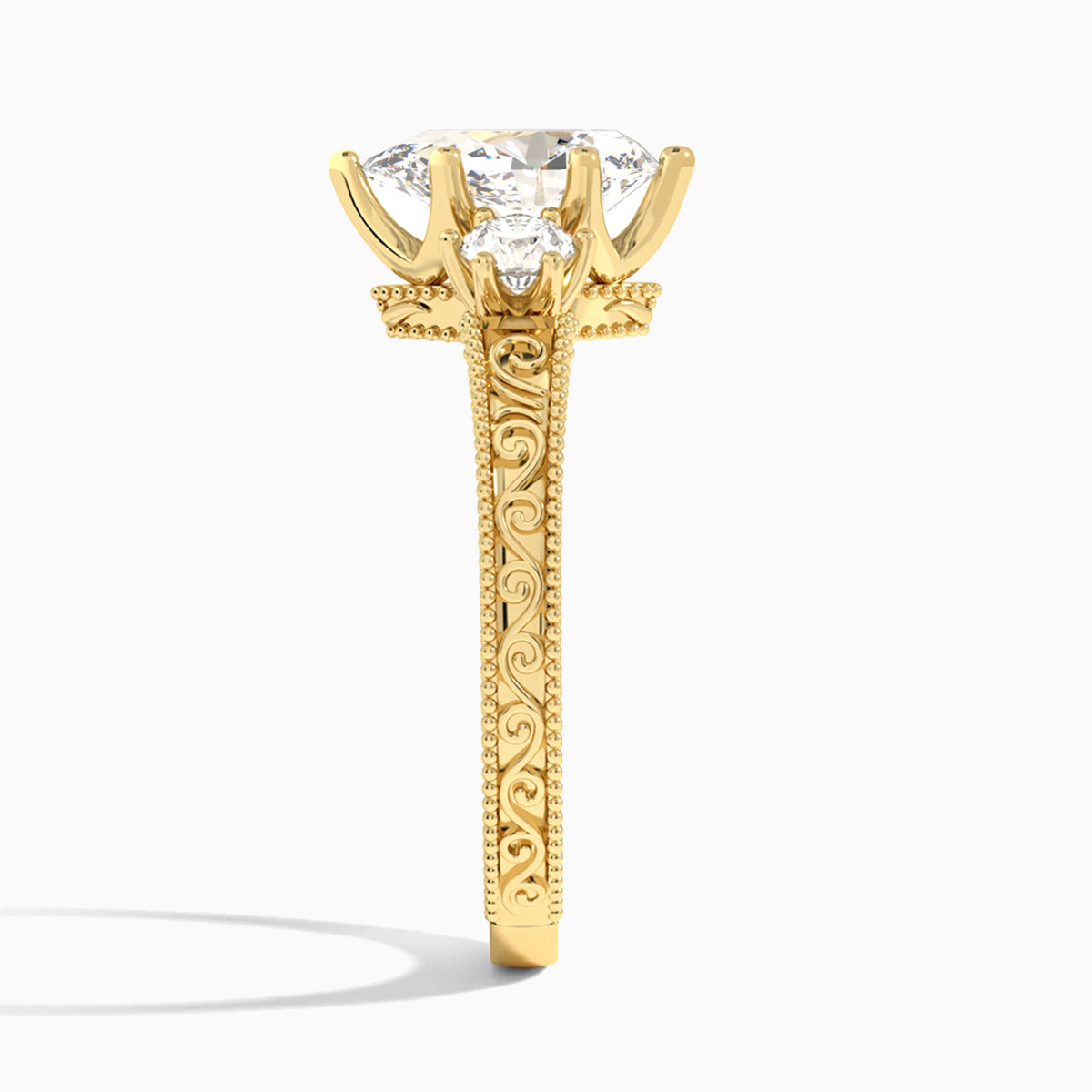 Pear Three Stone Engraved Lab Diamond Engagement Ring In 18K Yellow Gold, Side View