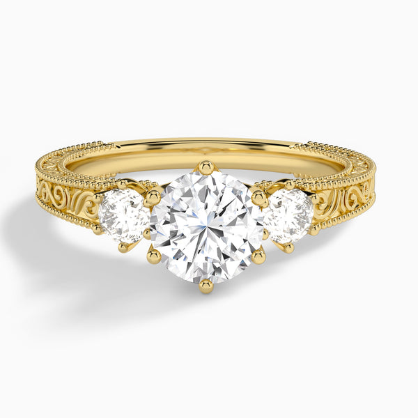 Round Three Stone Engraved Lab Diamond Engagement Ring In 14K Yellow Gold - Lucenjuri