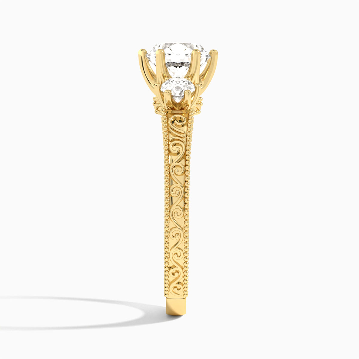 Round Three Stone Engraved Lab Diamond Engagement Ring In 14K Yellow Gold, Side View