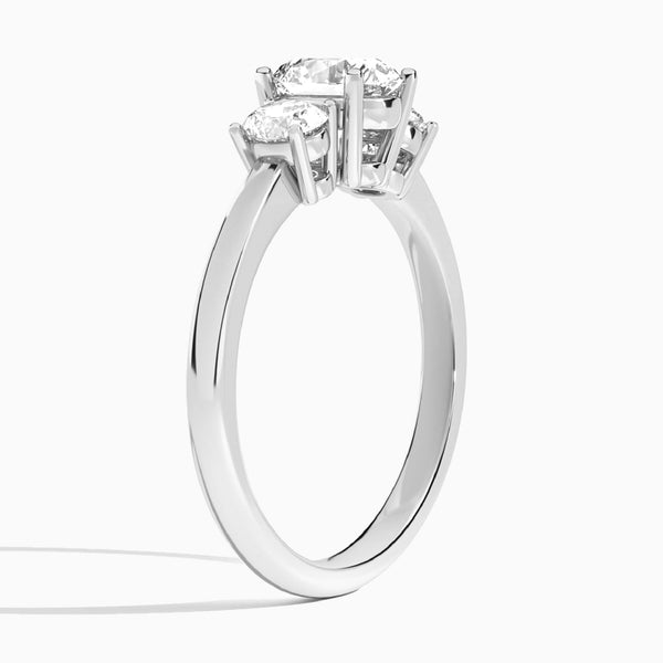 Round Sonata Three Stone Lab Diamond Engagement Ring In 14K White Gold, Angle View