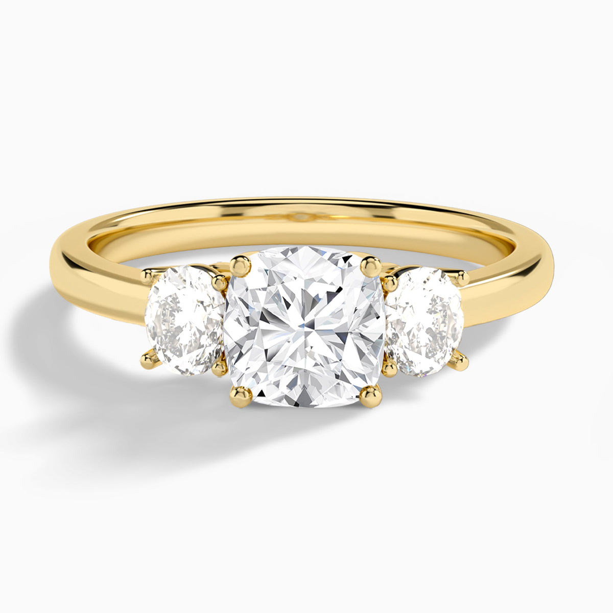 Cushion Sonata Three Stone Lab Diamond Engagement Ring In 14K Yellow Gold - Lucenjuri