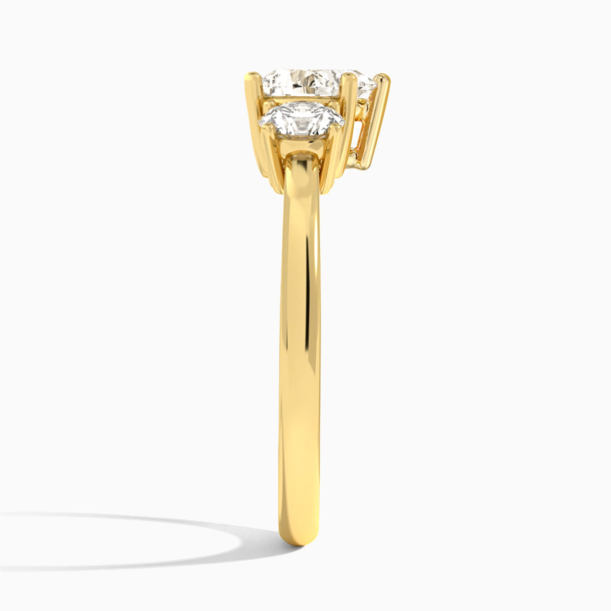 Heart Sonata Three Stone Lab Diamond Engagement Ring In 18K Yellow Gold, Side View