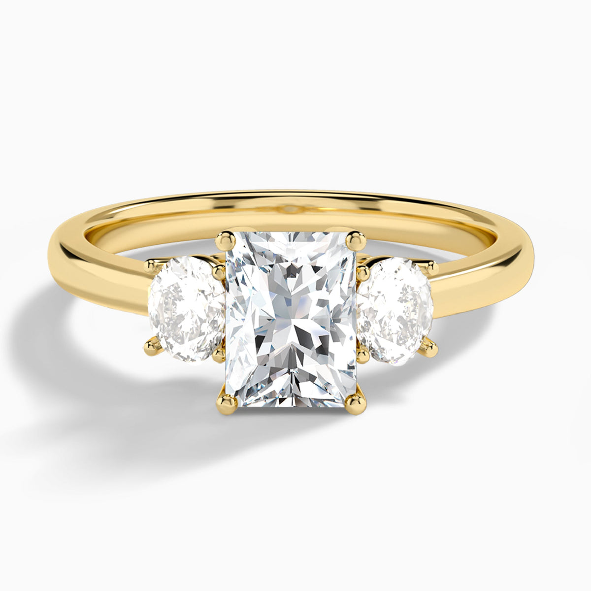 Radiant Sonata Three Stone Lab Diamond Engagement Ring In 18K Yellow Gold - Lucenjuri