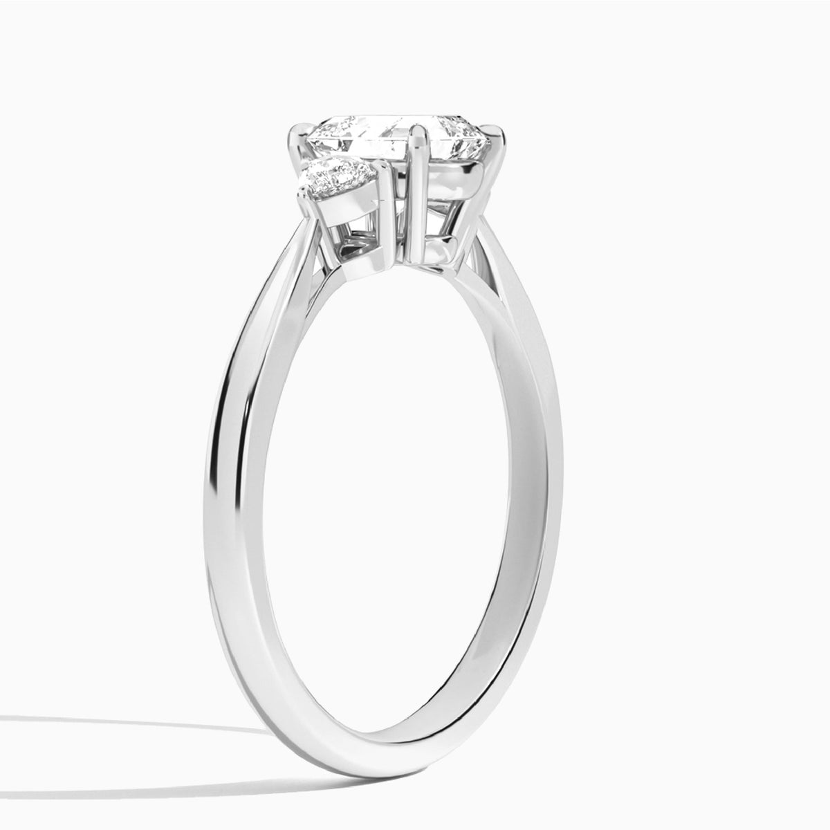 Asscher Trillion Cut Three Stone Lab Diamond Engagement Ring In 14K White Gold, Angle View