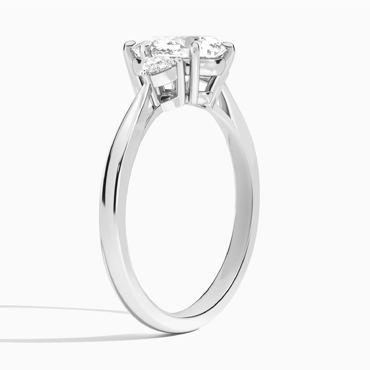 Pear Trillion Cut Three Stone Lab Diamond Engagement Ring In 18K White Gold, Angle View