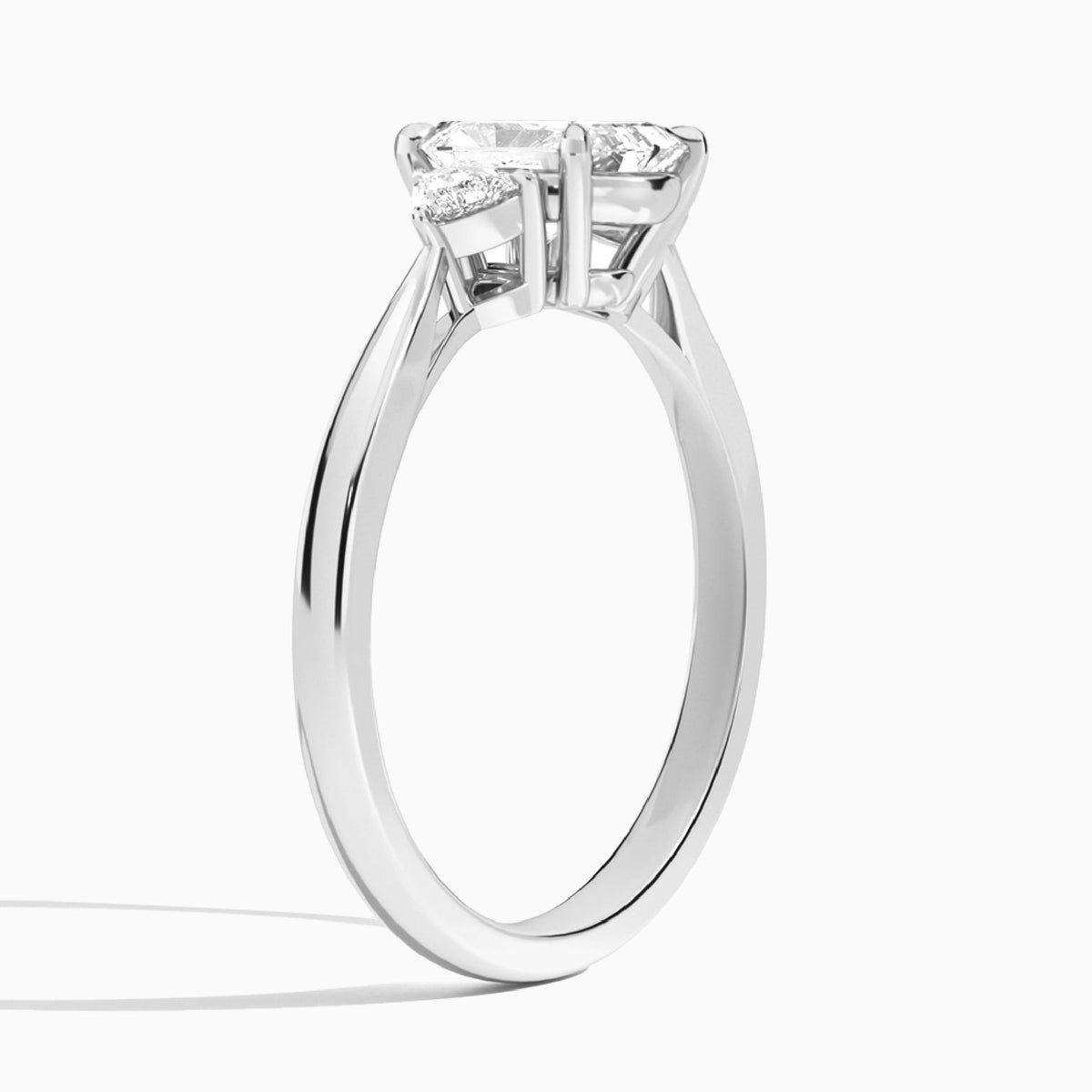 Radiant Trillion Cut Three Stone Lab Diamond Engagement Ring In 14K White Gold, Angle View