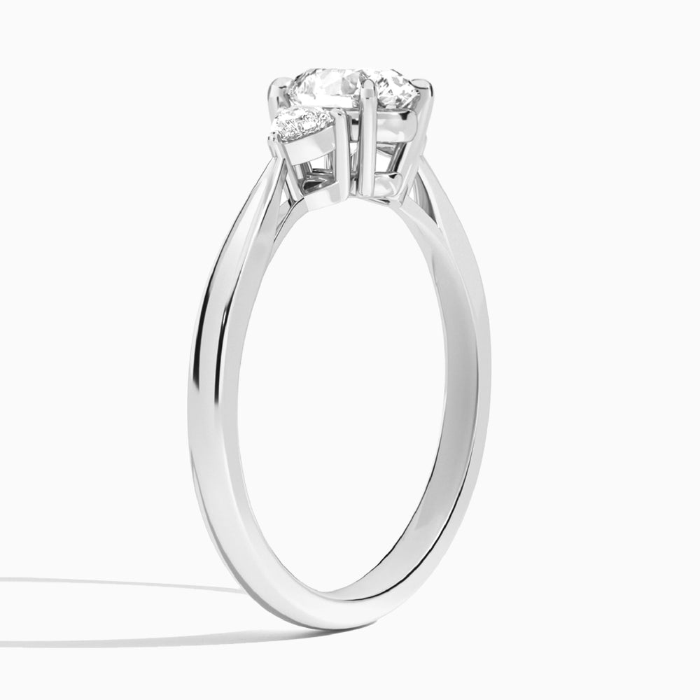 Round Trillion Cut Three Stone Lab Diamond Engagement Ring In 14K White Gold, Angle View