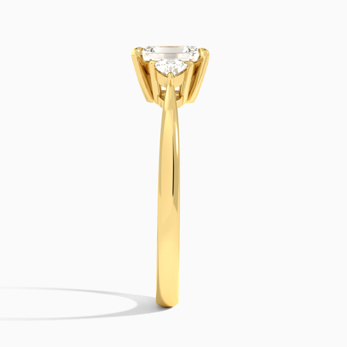Emerald Trillion Cut Three Stone Lab Diamond Engagement Ring In 14K Yellow Gold, Side View