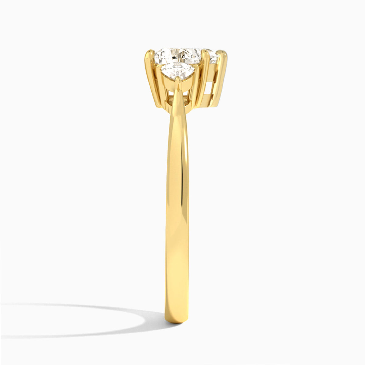 Heart Trillion Cut Three Stone Lab Diamond Engagement Ring In 14K Yellow Gold, Side View
