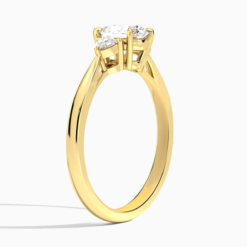 Oval Trillion Cut Three Stone Lab Diamond Engagement Ring In 14K Yellow Gold, Angle View