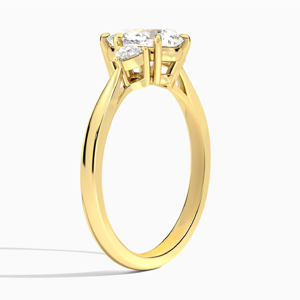 Pear Trillion Cut Three Stone Lab Diamond Engagement Ring In 14K Yellow Gold, Angle View