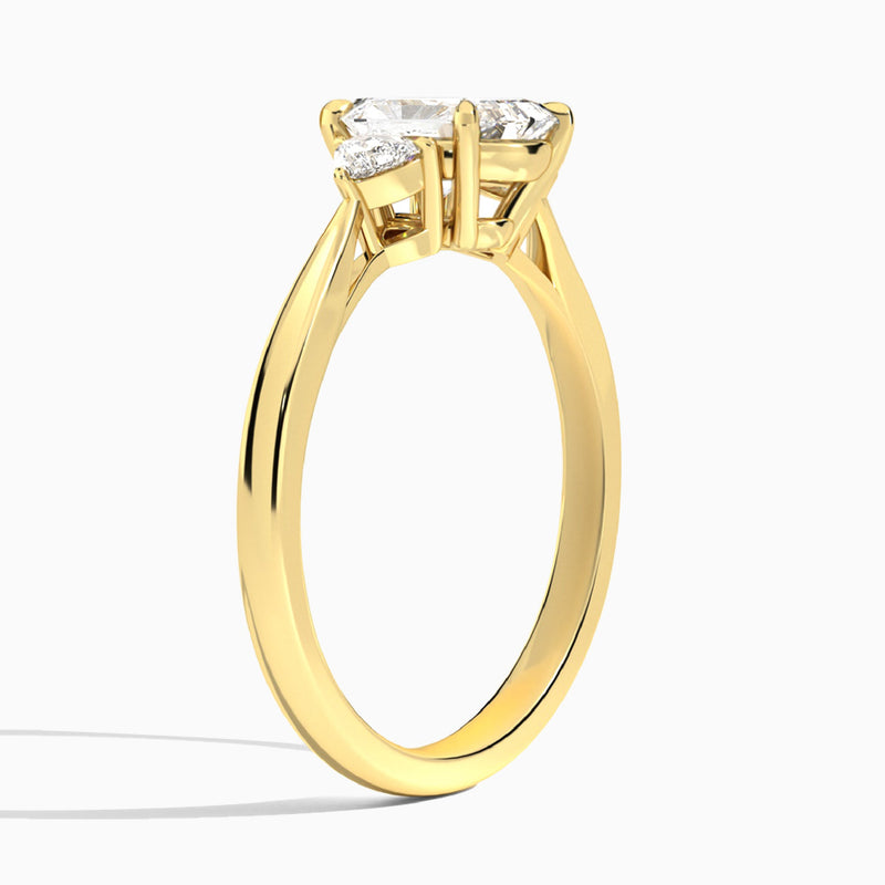 Radiant Trillion Cut Three Stone Lab Diamond Engagement Ring In 18K Yellow Gold, Angle View