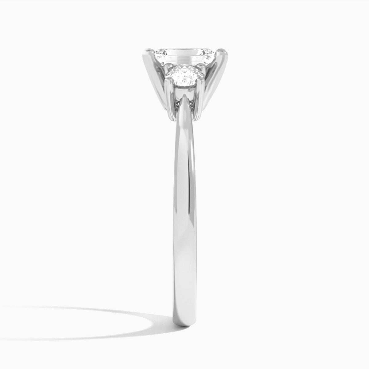 Emerald Concerto Three Stone Lab Diamond Engagement Ring In 14K White Gold, Side View