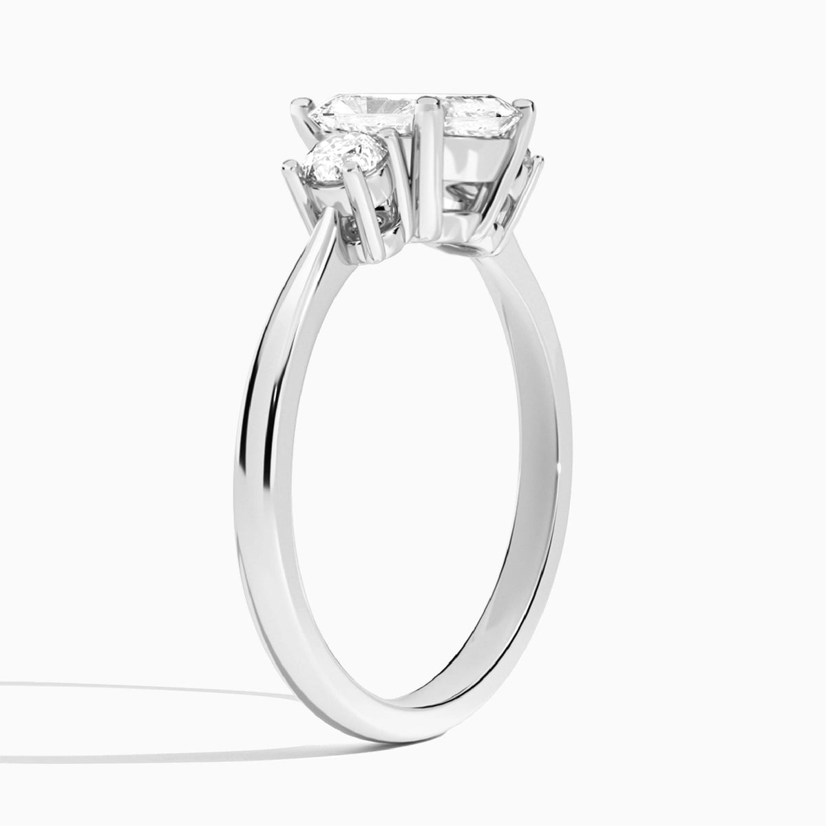 Radiant Concerto Three Stone Lab Diamond Engagement Ring In 18K White Gold, Angle View