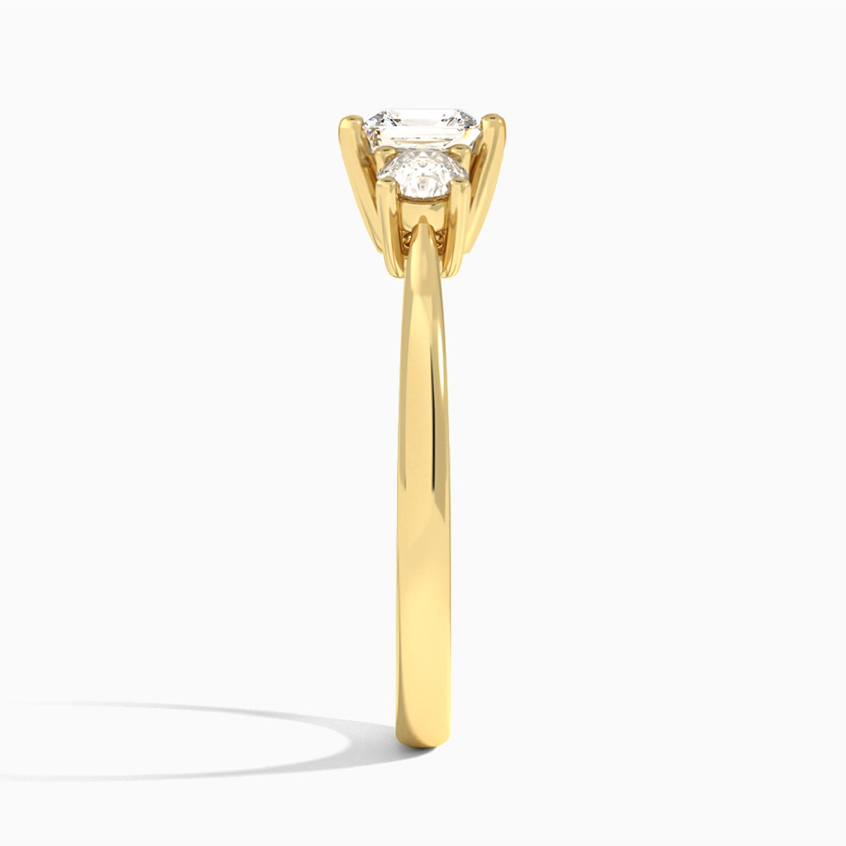 Asscher Concerto Three Stone Lab Diamond Engagement Ring In 18K Yellow Gold, Side View