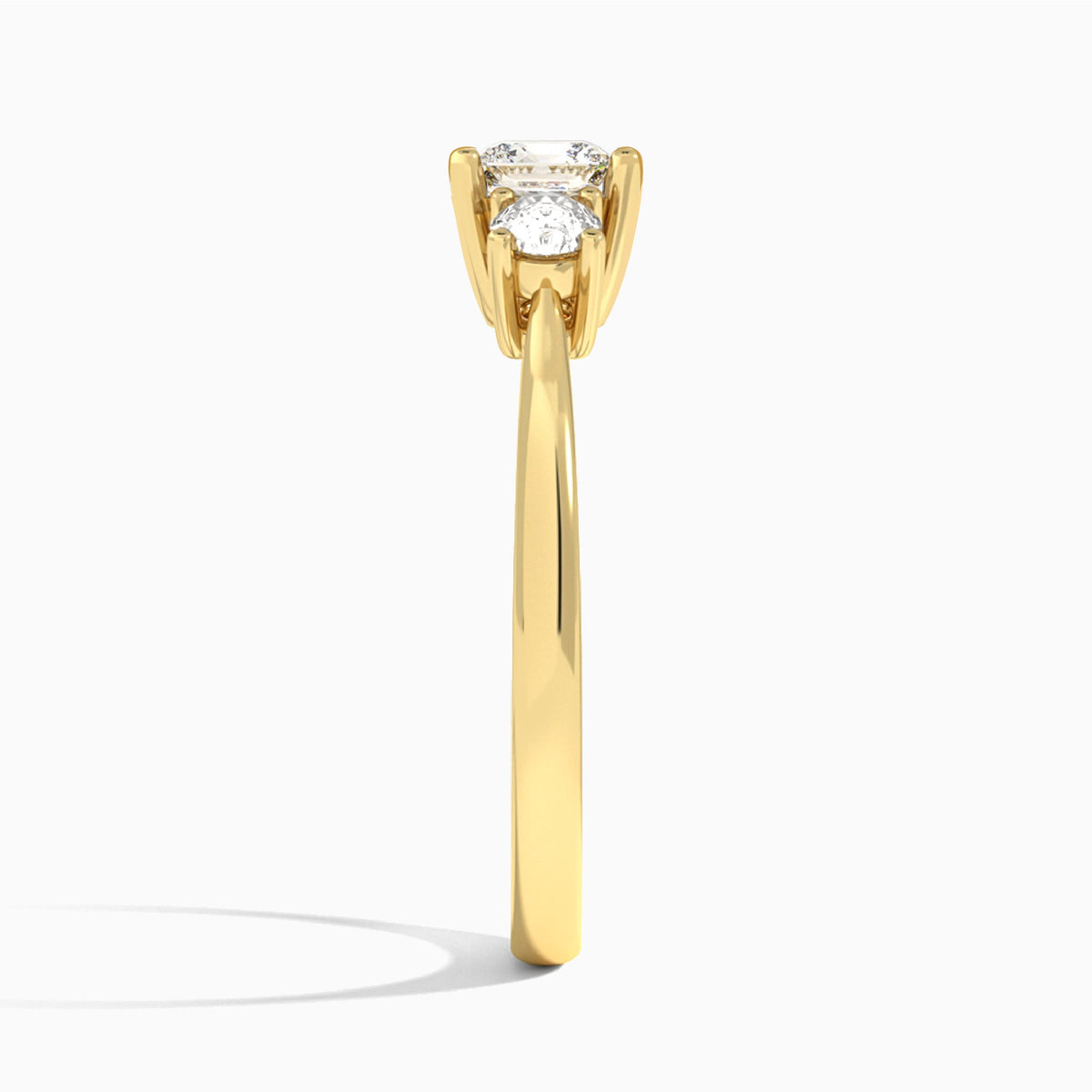 Cushion Concerto Three Stone Lab Diamond Engagement Ring In 14K Yellow Gold, Side View