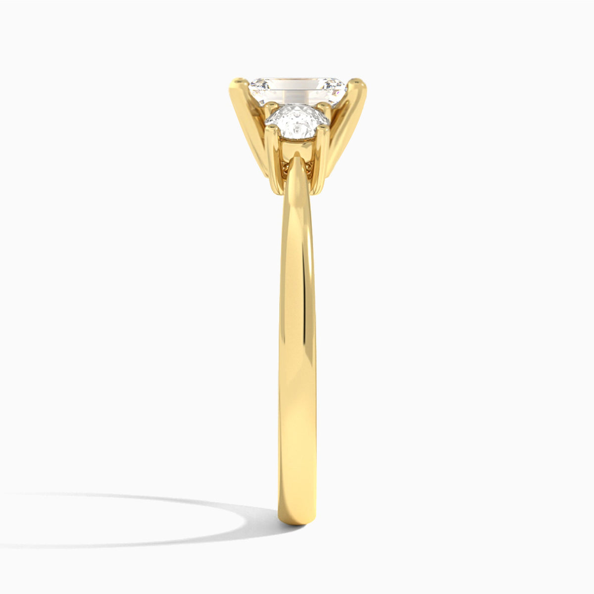 Emerald Concerto Three Stone Lab Diamond Engagement Ring In 18K Yellow Gold, Side View