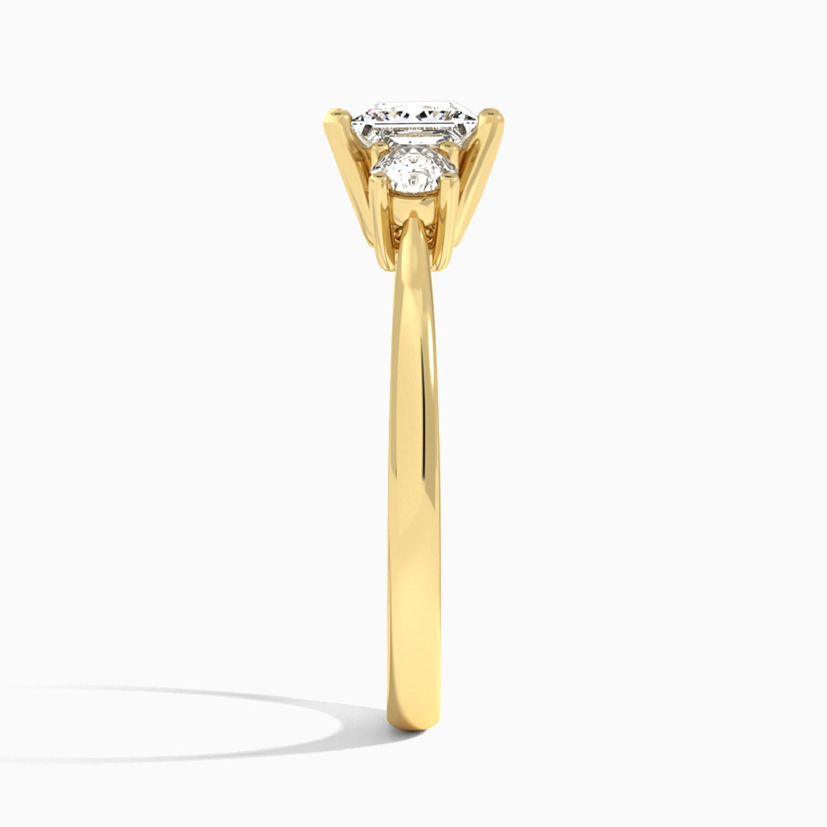 Princess Concerto Three Stone Lab Diamond Engagement Ring In 14K Yellow Gold, Side View