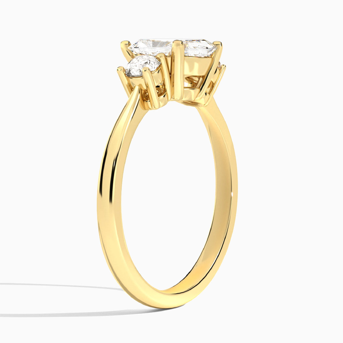 Radiant Concerto Three Stone Lab Diamond Engagement Ring In 14K Yellow Gold, Angle View