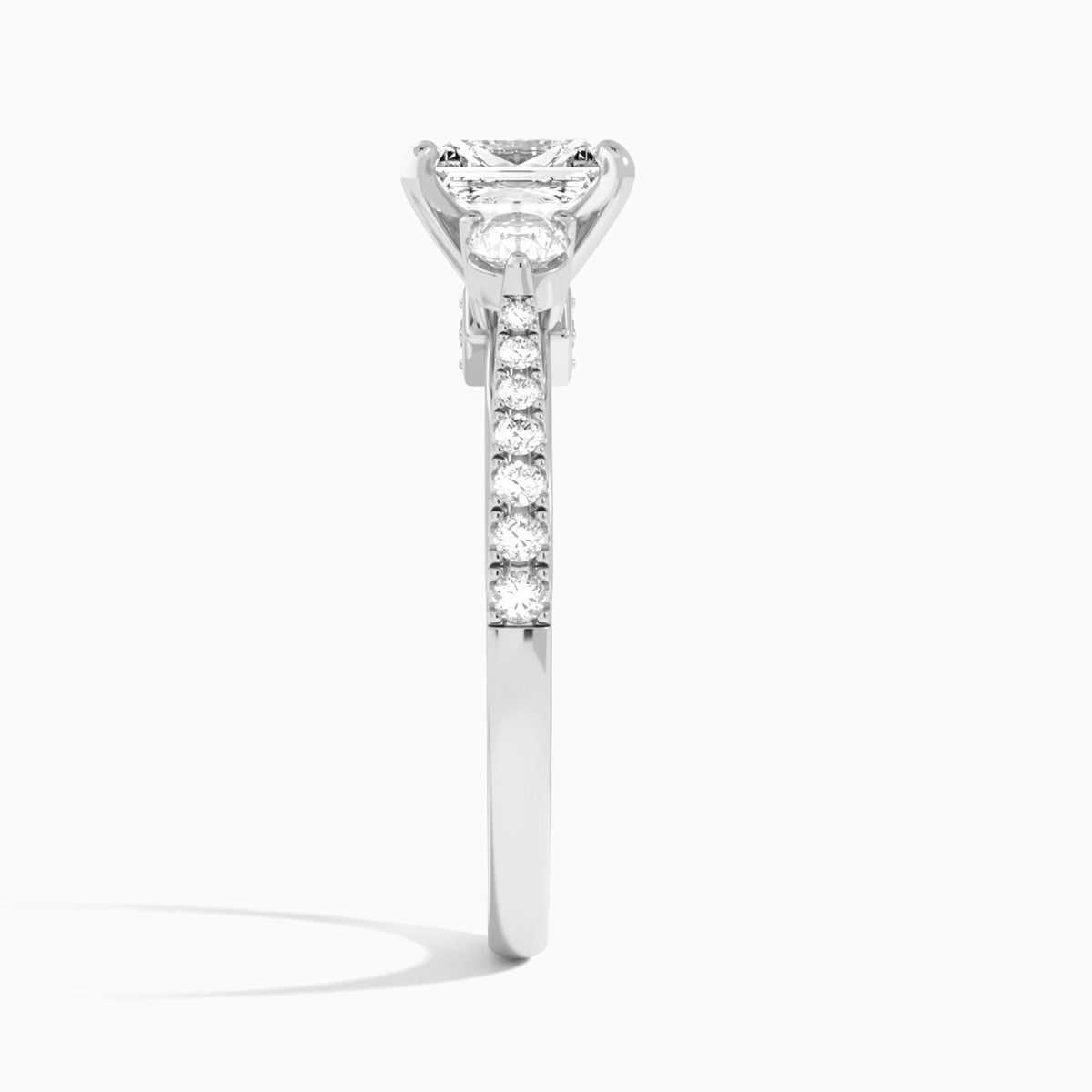 Radiant Tressa Three Stone Lab Grown Diamond Engagement Ring In Platinum, Side View